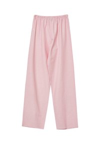 Pantalons larges de couleur rose clair, avec une taille élastique, fabriqués en tissu doux. Ils présentent une texture lisse et tombent droit jusqu'aux chevilles.