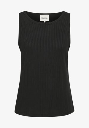 Zwarte geribbelde tanktop met een ronde halslijn, brede schouderbanden en een comfortabele pasvorm, gemaakt van een zachte en rekbare stof.