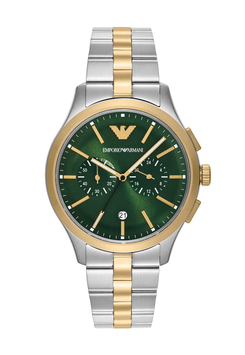 Pánské chronografické hodinky se zeleným strukturovaným ciferníkem, zlatým a stříbrným nerezovým páskem, zlatými akcenty a indikátorem data na 21. den.