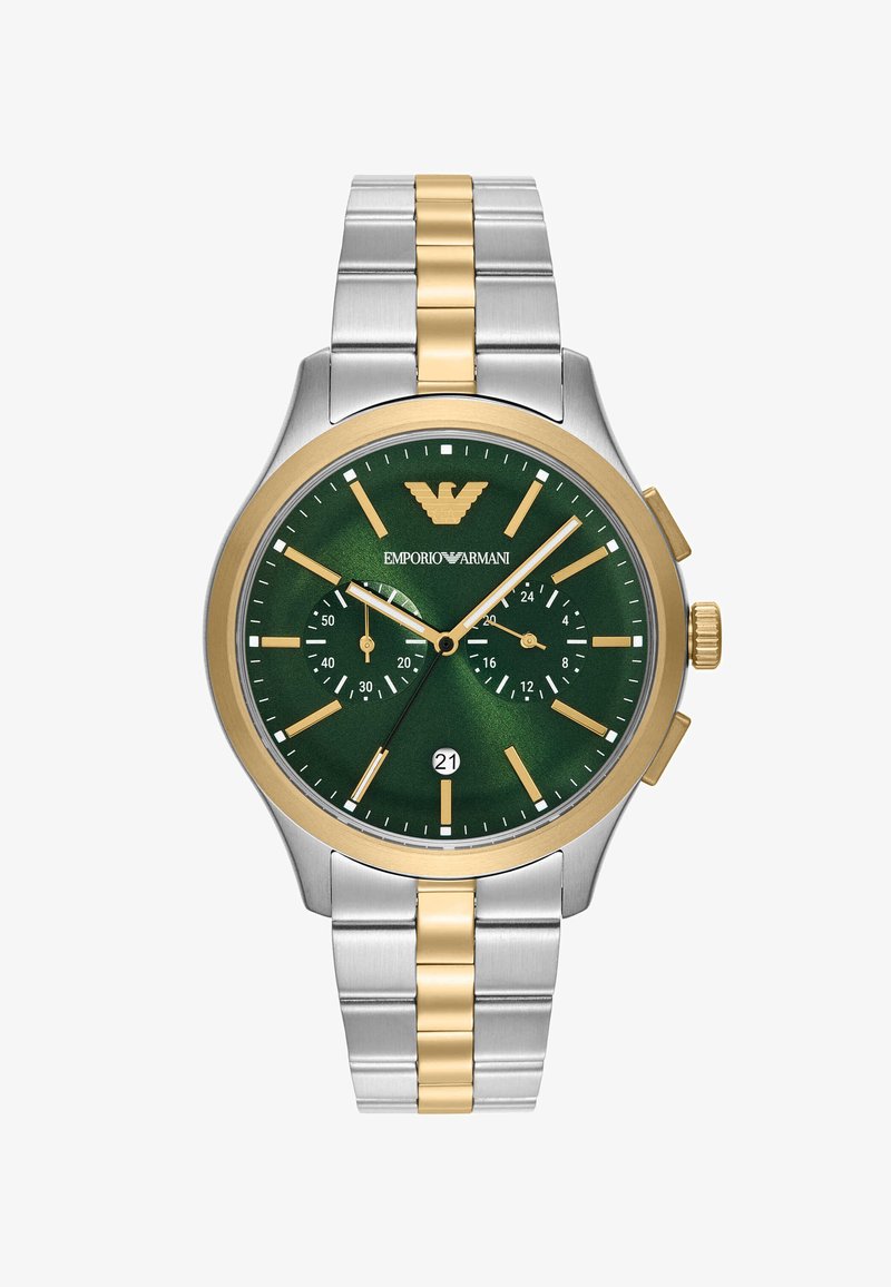 Pánské chronografické hodinky se zeleným strukturovaným ciferníkem, zlatým a stříbrným nerezovým páskem, zlatými akcenty a indikátorem data na 21. den.