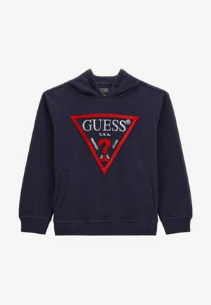 Felpa blu navy in cotone, con un logo ricamato triangolare rosso e bianco. Include una tasca frontale e polsini a costine.