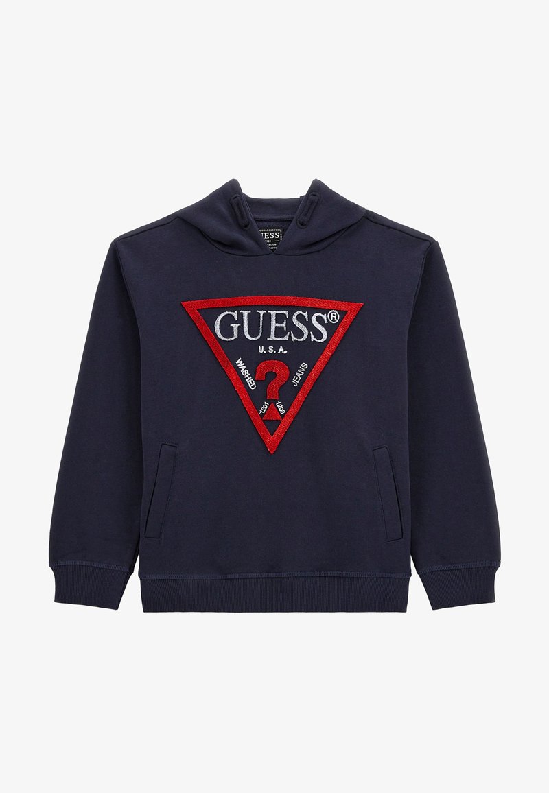 Felpa blu navy in cotone, con un logo ricamato triangolare rosso e bianco. Include una tasca frontale e polsini a costine.