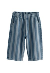 Blå stribede denimshorts med elastisk talje, to sidelommer og en afslappet pasform. Har lodrette striber i forskellige nuancer af blå.