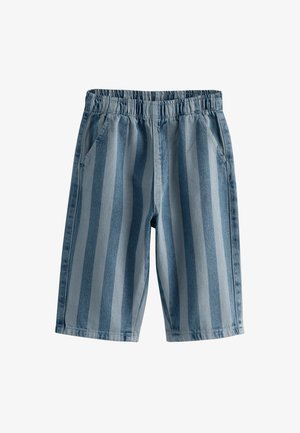 Shorts di denim a strisce blu con vita elastica, due tasche laterali e una vestibilità comoda. Presentano strisce verticali in diverse tonalità di blu.