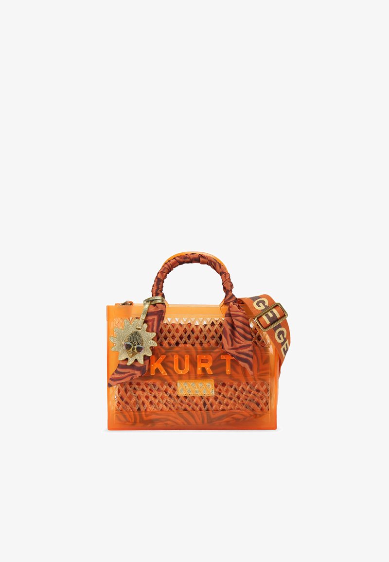 Orange translucent handbag with tiger-striped scarf handle, large "KURT" letters on front, sun-shaped charm with sunglasses, and adjustable strap.