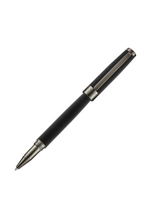 Sort rollerball-pen med metalisk sølvspids og clips, med "Cerruti 1881" indgraveret på clipsbåndet.