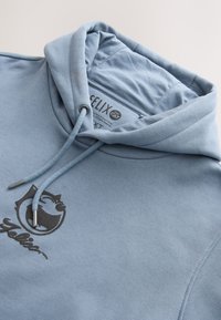 Jasnoniebieska bluza z kapturem wykonana z miękkiego materiału. Posiada czarne logo oraz sznurki z srebrnymi końcówkami. Gładka faktura i przestronny kaptur.