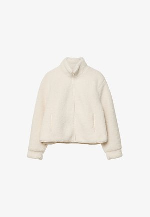 Bela, puhasta flis jakna z visokim ovratnikom, sprednjim zadrgo in dvema stranskima žepoma. Ima krajšo zasnovo in textured tkanino.