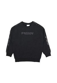 Sudadera negra con mangas adornadas con lentejuelas, puños y dobladillo de canalé, y un logo impreso "FREDDY" en el frente. Textura de tela suave.
