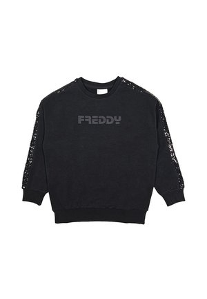 Sweatshirt noir avec des manches accentuées de sequins, des poignets et un ourlet côtelés, et un logo imprimé "FREDDY" sur le devant. Texture de tissu douce.
