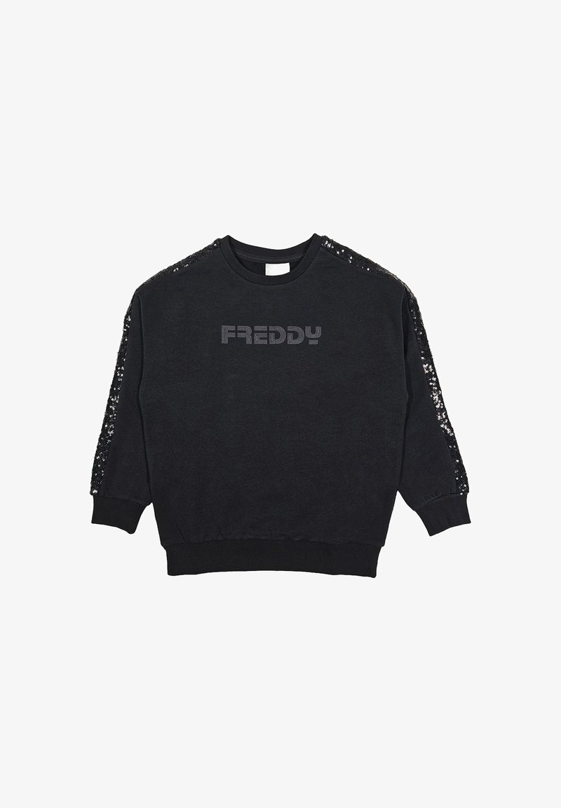Sudadera negra con mangas adornadas con lentejuelas, puños y dobladillo de canalé, y un logo impreso "FREDDY" en el frente. Textura de tela suave.