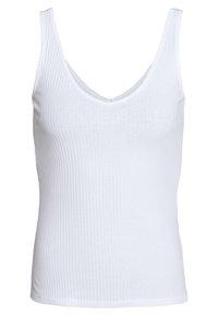 Vit, ribbade linne med djup V-ringning och smala axelremmar. Tillverkad av ett mjukt, stretchigt material.