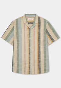 Button-up shirt with short sleeves, featuring vertical stripes in blue, green, yellow, orange, and brown on a light beige background.