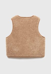 Gilet in pile marrone con una morbida texture, design senza maniche, scollatura rotonda e rifiniture beige lungo i bordi.