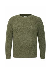 Dunkelgrüner Strickpullover mit Rundhalsausschnitt und langen Ärmeln, der ein strukturiertes Muster sowie gerippte Bündchen und Saum aufweist.
