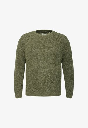 Tume roheline kootud sviiter ringkaelusega ja pikkade varrukatega, millel on tekstuurne muster ning soonikust mansetid ja alläär.