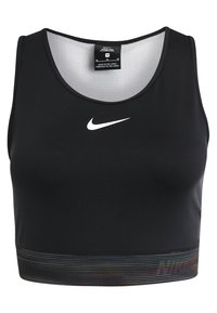 Zwarte Nike sport crop top met een ronde halslijn, mesh voering en een horizontale gestreepte elastische zoom met meerkleurige accenten.