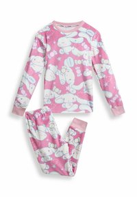 Pink pajama set featuring long-sleeve top and pants. Soft fabric with bunny and cloud patterns. Cuffs and waistline are pink with elastic detail.