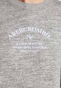 Sweatshirt gris en tricot avec un tissu texturé, arborant un texte imprimé blanc : "ABERCROMBIE NY & FITCH NEW YORK ÉTABLI EN MIL HUIT CENT QUATRE-VINGT-DOUZE."
