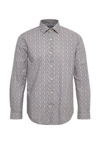 Camicia a maniche lunghe bianca con un dettagliato motivo floreale in rosso e blu su uno sfondo chiaro, realizzata in un tessuto liscio con colletto a bottoni.