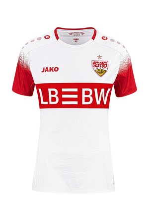 Maillot de football blanc et rouge avec le logo du sponsor LB BW, le nom de la marque JAKO et un blason d'équipe comportant une étoile au-dessus d'un bouclier.