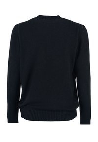 Czarny sweter z dzianiny z długimi rękawami, żebrowanym kołnierzem i dolnym mankietem, o gładkiej fakturze i klasycznym kroju, przedstawiony z tyłu.