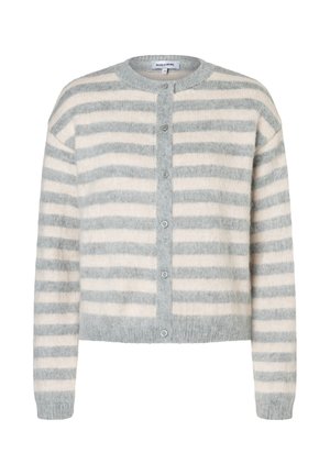 Knopfcardigan mit horizontalen grauen und weißen Streifen, langen Ärmeln und rundem Halsauschnitt.