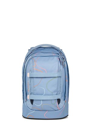 Light blue backpack with multicolored abstract lines, multiple zippered compartments, and two horizontal straps on the front pocket.