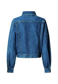 Blå denimjakke vist bagfra med lange ærmer, en lige krave og synlige syningsdetaljer.