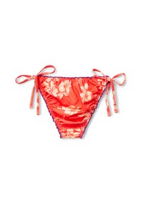 Červené bikini dno s bílým květinovým vzorem, se šňůrkami po stranách a nabíranými okraji s kontrastním fialovým lemováním.
