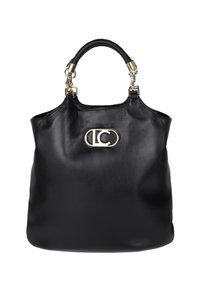 Černá kožená kabelka s leštěným zlatým logem, robustními texturovanými uchy a prostorným, strukturovaným siluetem.