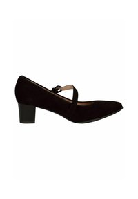 Décolleté in suede nero con punta affilata e tacco basso a blocco. Presenta una fascia incrociata sul collo del piede e una fodera interna liscia.