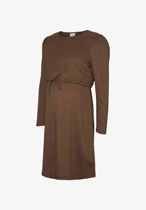 Graviditetskorte i brunt ribbet stof, lange ærmer, rund halsudskæring, knyttet taljedetalje for justering og afslappet pasform.