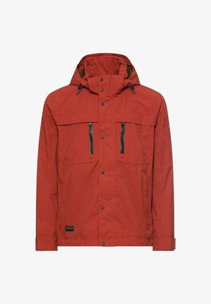 Rostrote Kapuzenjacke mit Druckknöpfen vorne, zwei vertikalen Brusttaschen mit Reißverschluss und zwei unteren Seitentaschen, für den Außenbereich konzipiert.