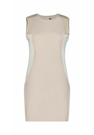 Robe sans manches beige clair à la coupe ajustée. Présente des panneaux latéraux crème contrastants et une texture lisse sur toute la surface.
