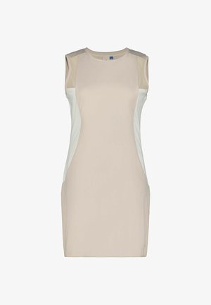 Robe sans manches beige clair à la coupe ajustée. Présente des panneaux latéraux crème contrastants et une texture lisse sur toute la surface.