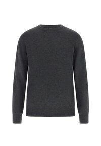 Maglione grigio scuro con maniche lunghe, motivo geometrico lavorato, scollo e polsini a coste, realizzato in un materiale morbido ed elasticizzato.