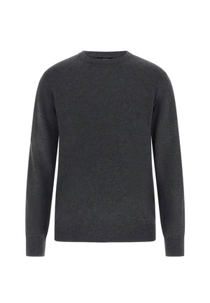 Maglione grigio scuro con maniche lunghe, motivo geometrico lavorato, scollo e polsini a coste, realizzato in un materiale morbido ed elasticizzato.