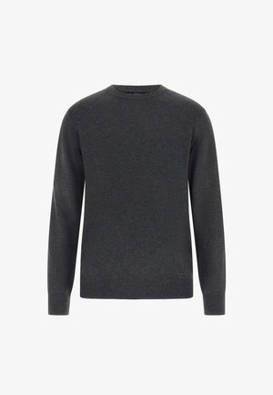 Maglione grigio scuro con maniche lunghe, motivo geometrico lavorato, scollo e polsini a coste, realizzato in un materiale morbido ed elasticizzato.