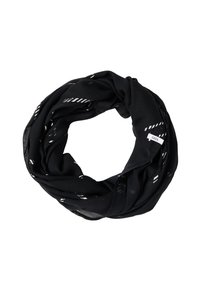 Écharpe noire en forme d'infini avec de petites rayures blanches diagonales et une étiquette blanche visible portant la mention "CECIL" sur fond blanc.