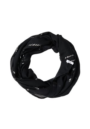 Mustat äärettömät huivit, joissa on pieniä valkoisia vinoraitoja ja näkyvä valkoinen etiketti, jossa lukee "CECIL" valkoista taustaa vasten.