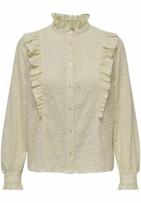 Lichtgele blouse met een hoge gerimpelde kraag, sluiting met knopen aan de voorkant en gerimpelde accenten langs de linkerschouder. Voorzien van bloemenborduurwerk en lange mouwen.