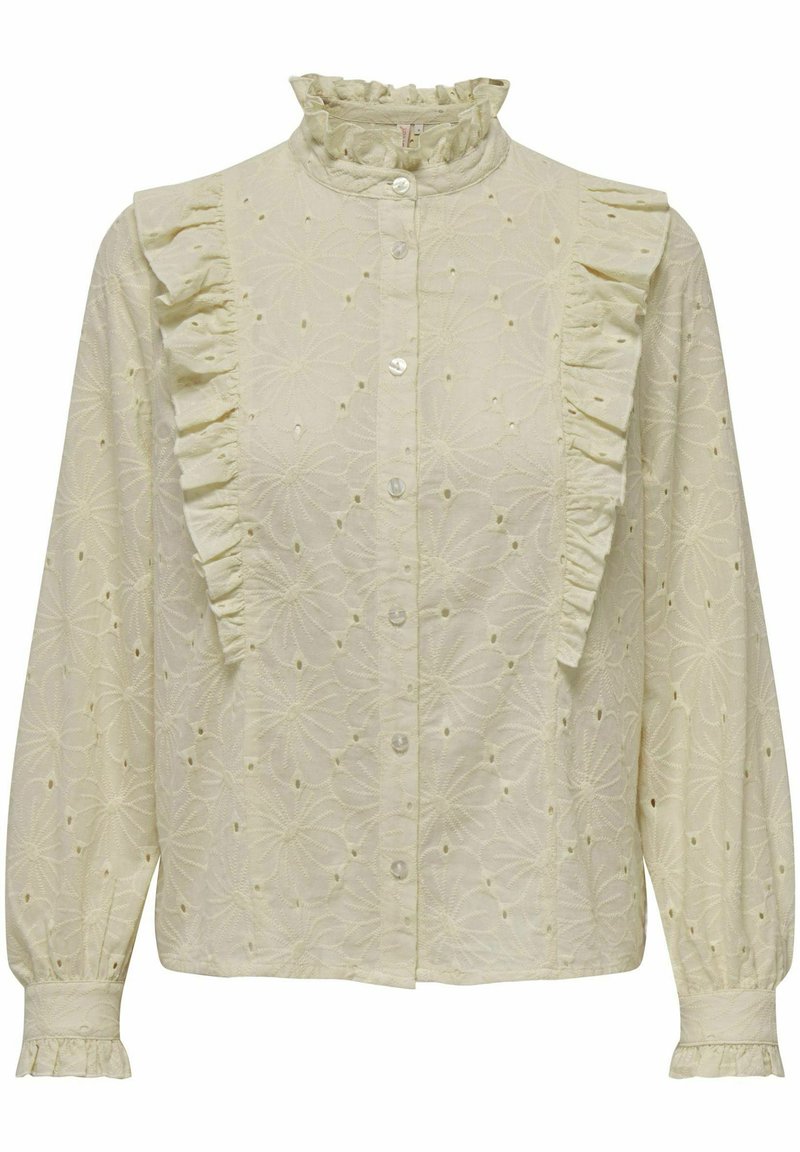 Lichtgele blouse met een hoge gerimpelde kraag, sluiting met knopen aan de voorkant en gerimpelde accenten langs de linkerschouder. Voorzien van bloemenborduurwerk en lange mouwen.