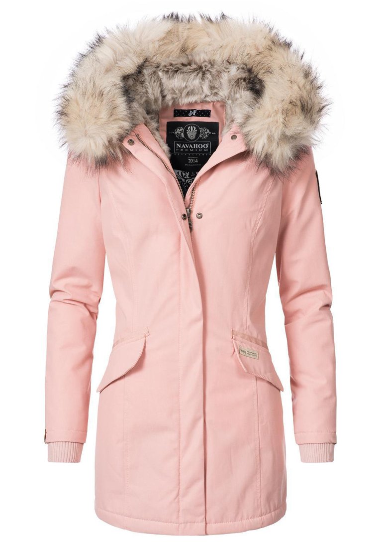 Pink parka jacket features a faux fur hood, front zipper, two front pockets, and ribbed cuffs, made from weather-resistant fabric.