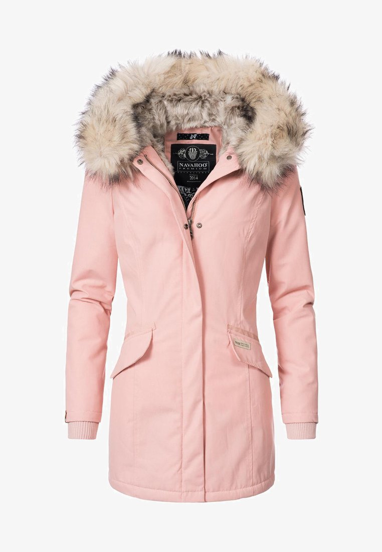 Pink parka jacket features a faux fur hood, front zipper, two front pockets, and ribbed cuffs, made from weather-resistant fabric.