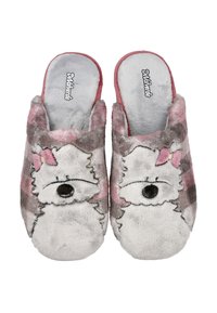 Zapatillas grises peludas con un diseño suave en rosa y gris, que presentan un motivo de cara de perro con un lazo. Forro suave y estilo sin cordones.