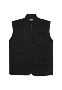 Gilet rembourré noir avec un design matelassé, col haut, fermeture éclair à l'avant et une petite poche poitrine avec fermeture éclair.