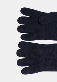 Guanti blu navy con texture a maglia. Ogni dito è racchiuso singolarmente, caratterizzati da un design senza cuciture e da un materiale morbido e flessibile.