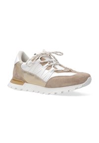 Sneaker mit einem beige-weißen Obermaterial aus Wildleder und Ledertexturen, strukturierten Schnürsenkeln, einem gepolsterten Kragen und einer weißen Gummisohle.