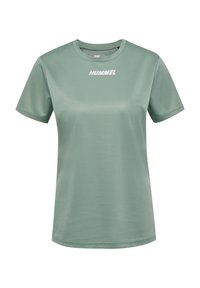 Short-sleeved sports t-shirt in light green, made from breathable fabric, featuring a round neckline and white "HUMMEL" logo on the front.